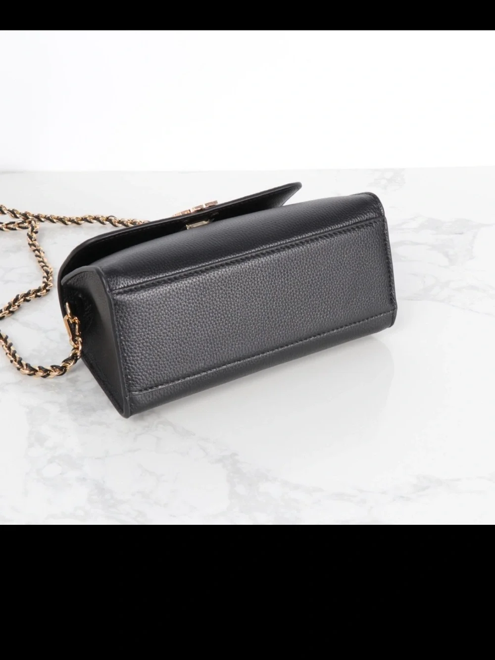 Tory Burch Black Pebbled Leather Top-Handle Crossbody with Gold Chain